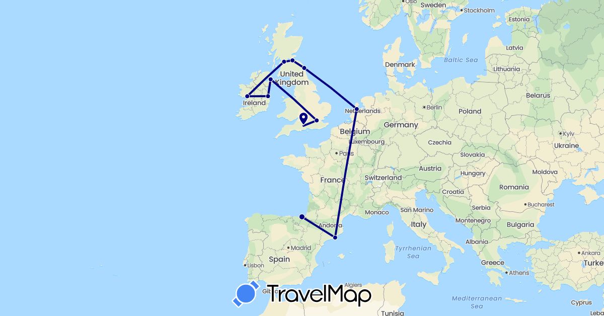 TravelMap itinerary: driving in Spain, United Kingdom, Ireland, Netherlands (Europe)
